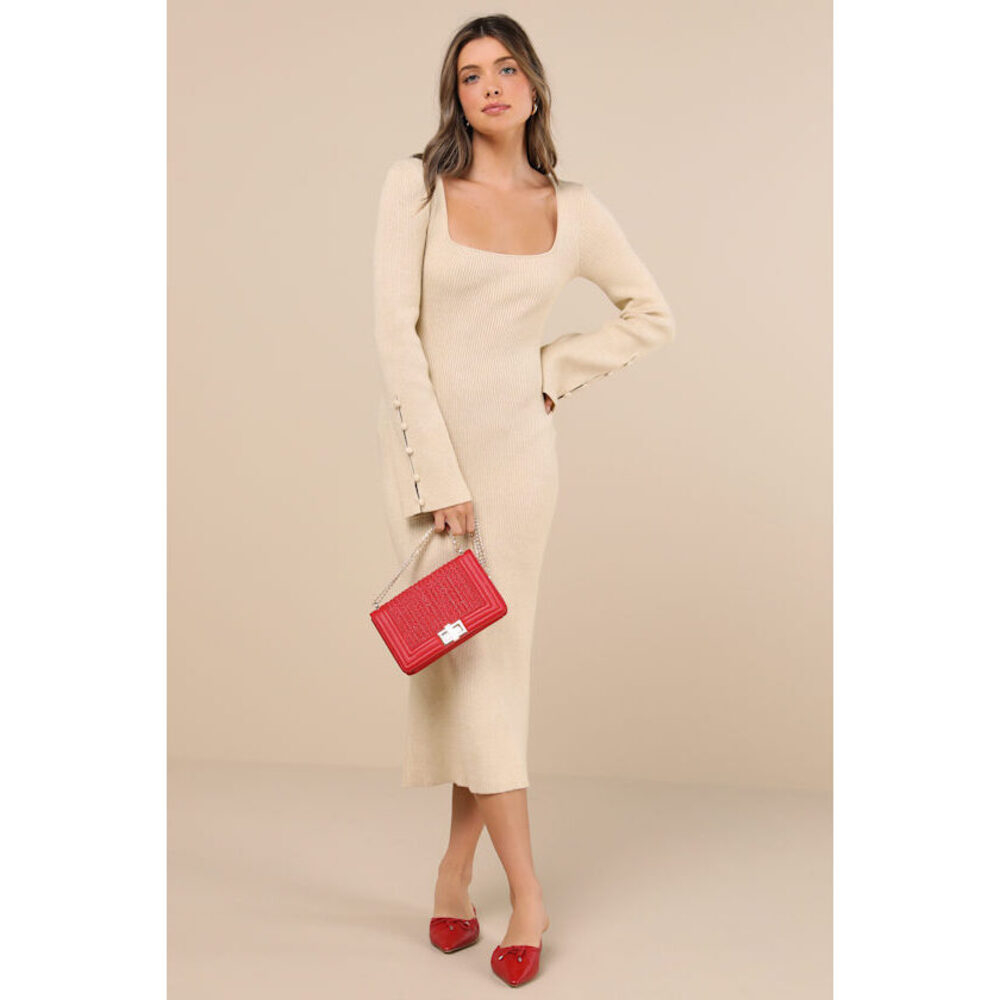 Lulus Classy Attitude Beige Ribbed Square Neck Midi Sweater Dress - Size XS